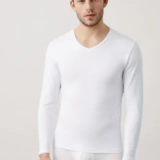 Camiseta interior manga larga cuello pico blanco