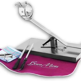 A9 Base inoxidable basculante giratorio + cuchillo + chaira + paño + cubre jamón Bricomiras + pinza Arcos + envío Islas Canarias