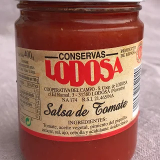 Salsa de tomate Lodosa lista para el consumo. Bote de 400 g