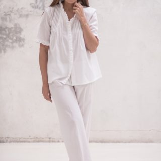 Pijama largo de mujer con volantes hecho a mano – Modelo Clavel